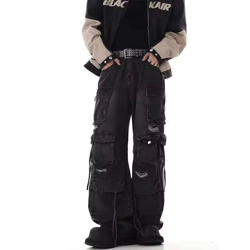 2025 Cyber Y2K Streetwear Washed Black Baggy Ripped Cargo Jeans Pants For Men Clothing Multi Pockets Wide Leg Hip Hop Trousers
