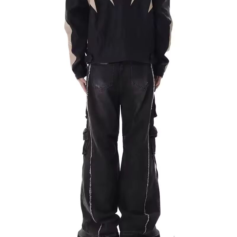 2025 Cyber Y2K Streetwear Washed Black Baggy Ripped Cargo Jeans Pants For Men Clothing Multi Pockets Wide Leg Hip Hop Trousers