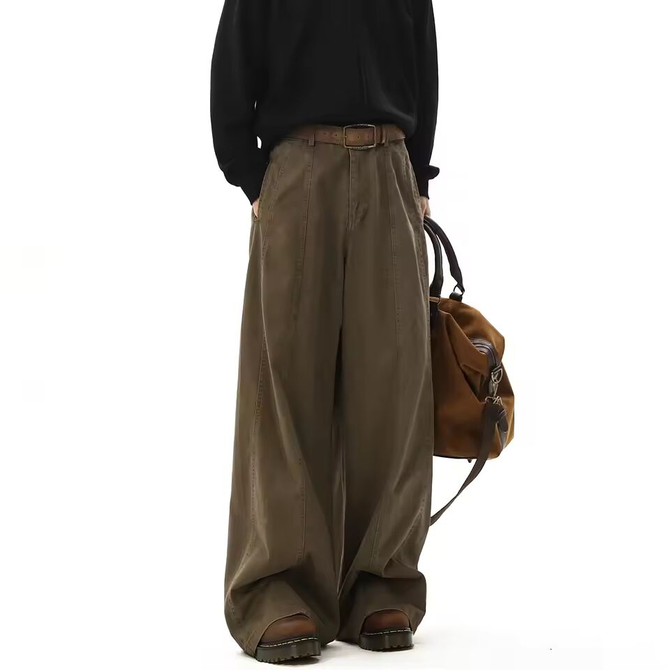 American Style Vintage Wide Leg Cargo Pants Men's Baggy Fashion High Street Overalls Coffee Streetwear Male Mopping Trousers