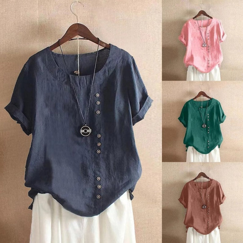 Womens Linen Tunic Shirt | Casual Loose Fit Boho Blouse