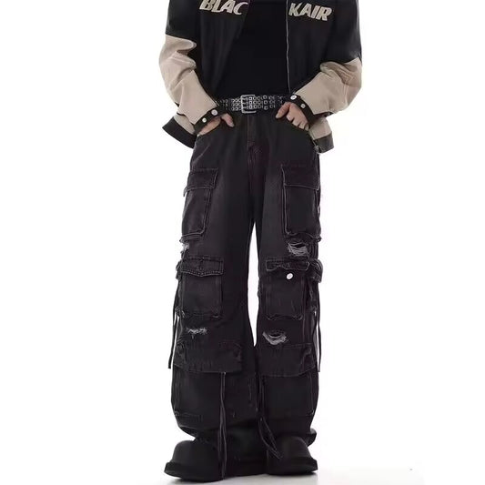 2025 Cyber Y2K Streetwear Washed Black Baggy Ripped Cargo Jeans Pants For Men Clothing Multi Pockets Wide Leg Hip Hop Trousers
