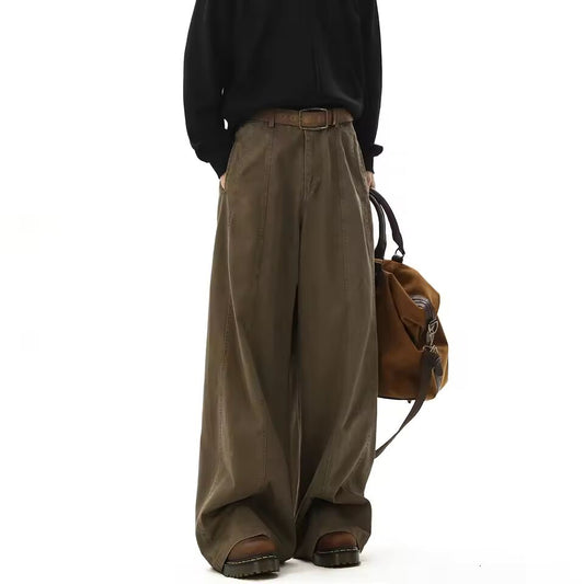 American Style Vintage Wide Leg Cargo Pants Men's Baggy Fashion High Street Overalls Coffee Streetwear Male Mopping Trousers