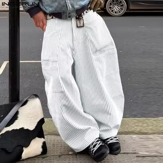 INCERUN Men Wide Leg Pants Button Joggers Oversize Pockets Casual Trousers Men Streetwear 2025 Fashion Loose Long Pants S-5XL